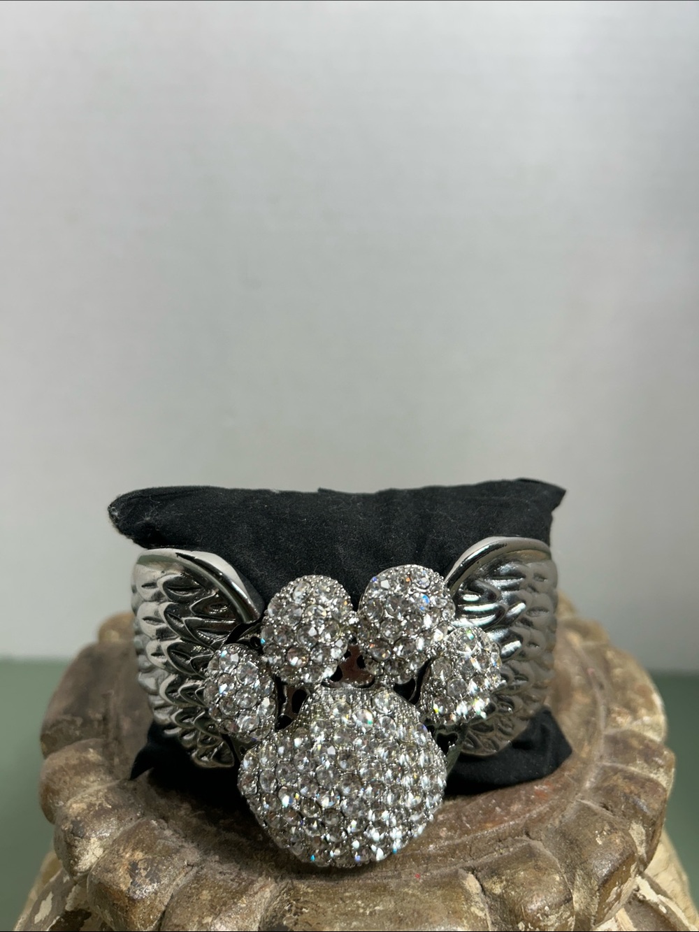 Crystal Paw Print Wing Cuff Bracelet - Silver